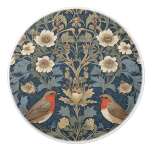European Robin Bird Couple William Morris style Ceramic Knob
