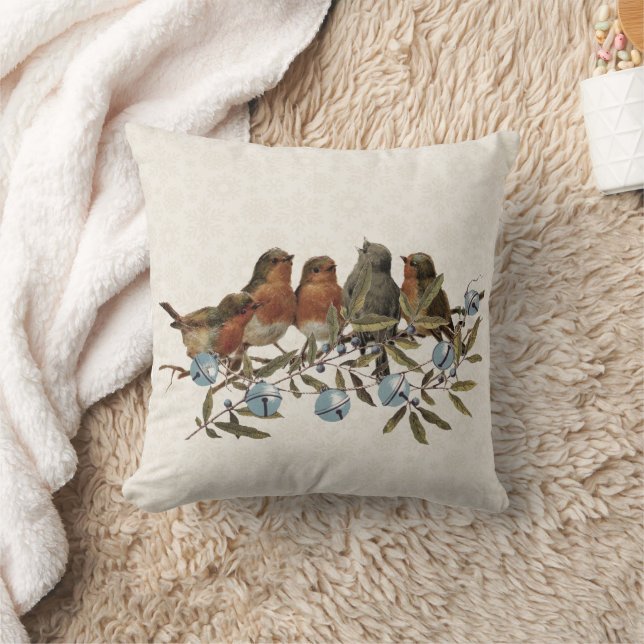 European Robin Bird Jingle Bell Snowflake Holiday  Throw Pillow (Blanket)