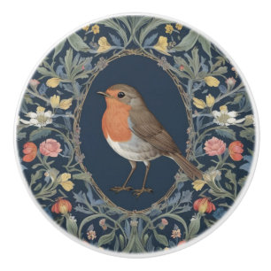 European Robin Bird William Morris style L Floral Ceramic Knob