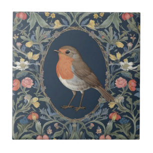 European Robin Bird William Morris style L Floral Ceramic Tile