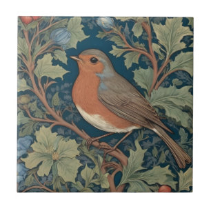 European Robin Bird William Morris style Left Ceramic Tile