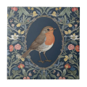 European Robin Bird William Morris style R Floral Ceramic Tile