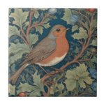 European Robin Bird William Morris style Right Ceramic Tile<br><div class="desc">"country classic birding art nouveau",  "european robin red breast bird",  "sage green woodland animals",  "british william morris ceramic tile",  "leafy dark navy blue",  "stylish red forest tree leaves",  "right facing vintage english birds",  "wildlife garden animal on branch",  "nature floral flower botanical",  "leaf flowers traditional antique"</div>