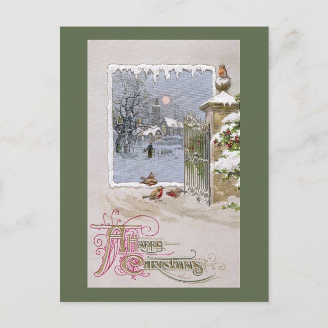 European Robins at Gate to Village Postcard (Front)