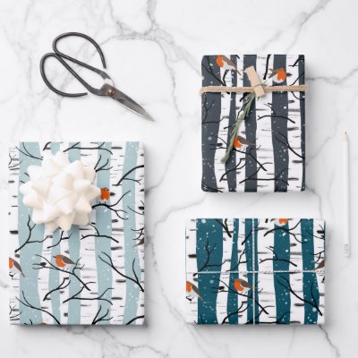 European Robins on Silver Birch in the Snow assort Wrapping Paper Sheets