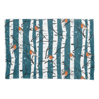 European Robins on Silver Birch in the Snow d blue Pillow Case