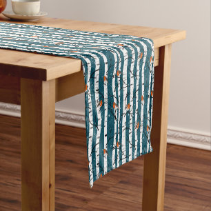 European Robins on Silver Birch in the Snow d blue Short Table Runner