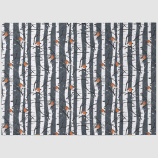 European Robins on Silver Birch in the Snow grey Tissue Paper