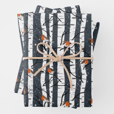 European Robins on Silver Birch in the Snow grey Wrapping Paper Sheets