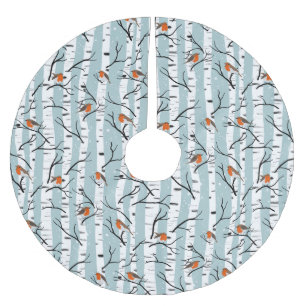 European Robins on Silver Birch in the Snow p blue Brushed Polyester Tree Skirt