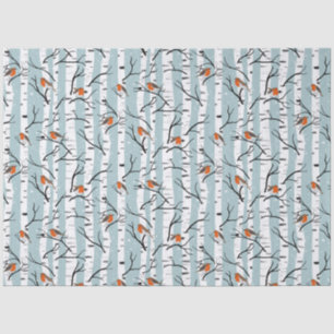 European Robins on Silver Birch in the Snow p blue Tissue Paper