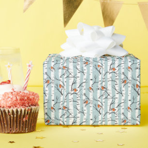 European Robins on Silver Birch in the Snow p blue Wrapping Paper