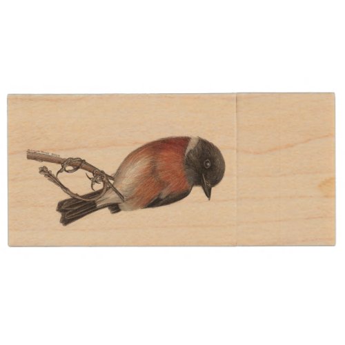 European Stonechat Bird Wood Flash Drive