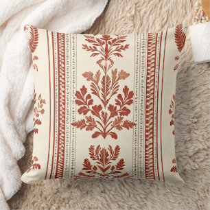 European Terracotta Toile with Botanical Stripes Throw Pillow