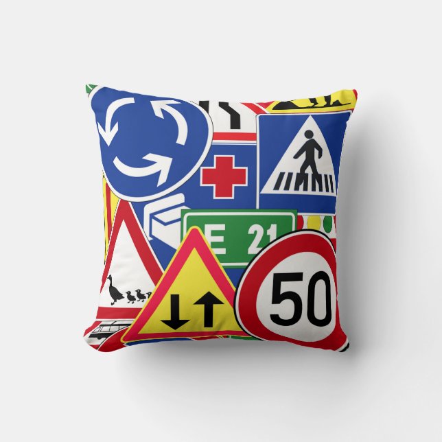 European Traffic Signs Collage Throw Pillow (Front)