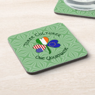 European Union Irish American Flags Shamrock  Beverage Coaster