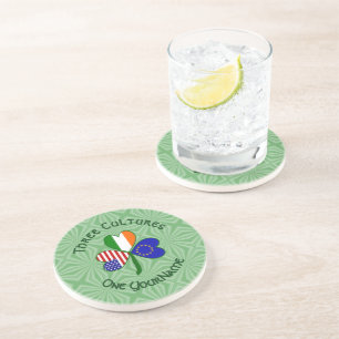 European Union Irish American Flags Shamrock  Coaster