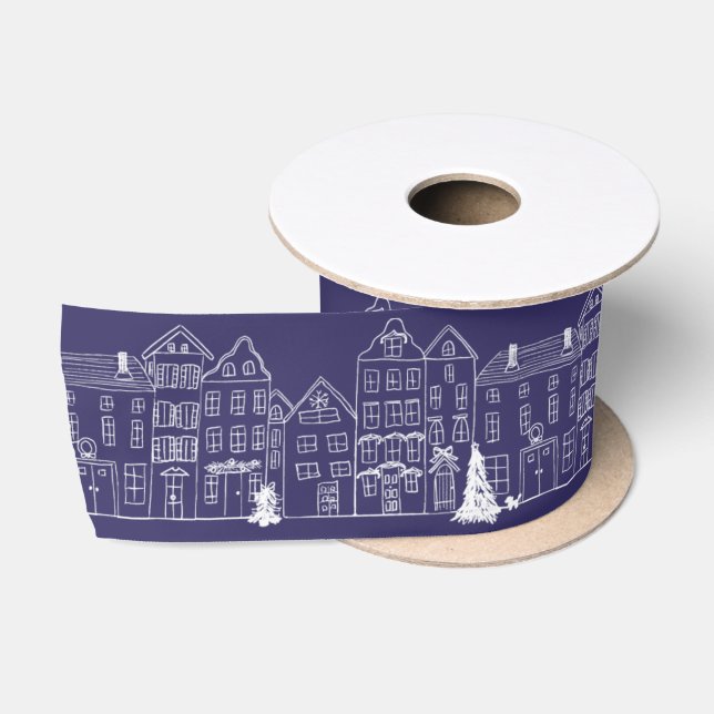 European Village Houses at Christmas White/Blue  Satin Ribbon (Spool)