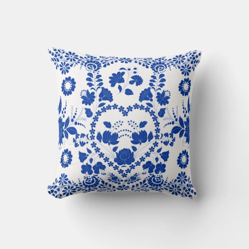 European White Blue Folk Art Pillow