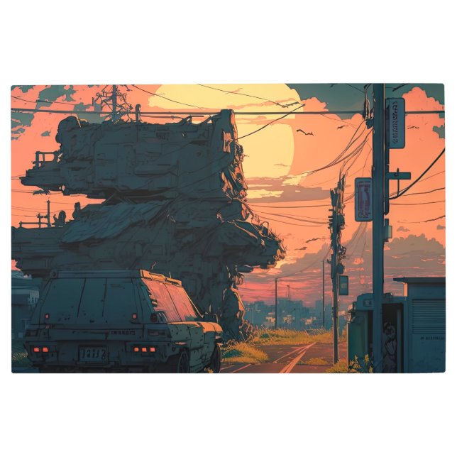Evangelion Unit 01 Anime Palette: Sunset Cityscape Metal Print (Front)
