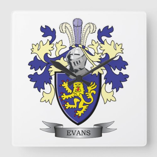 Evans Family Crest Coat of Arms Square Wall Clock