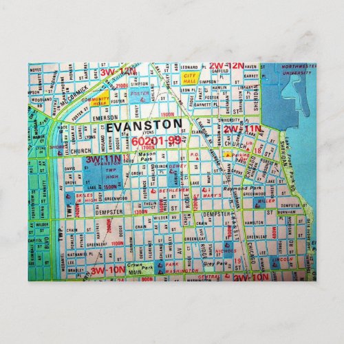 EVANSTON IL Vintage Map Postcard