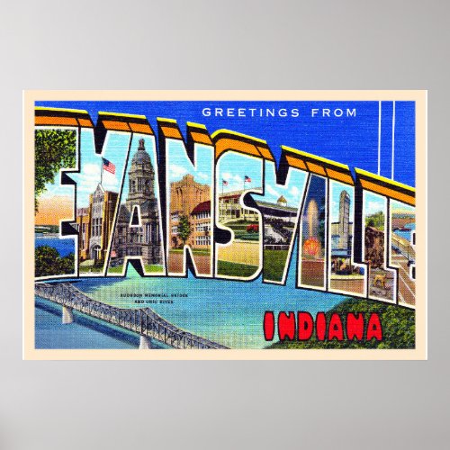 Evansville Indiana Vintage Large Letter Postcard Poster