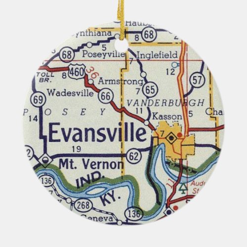 Evansville Indiana Vintage Map Ceramic Ornament