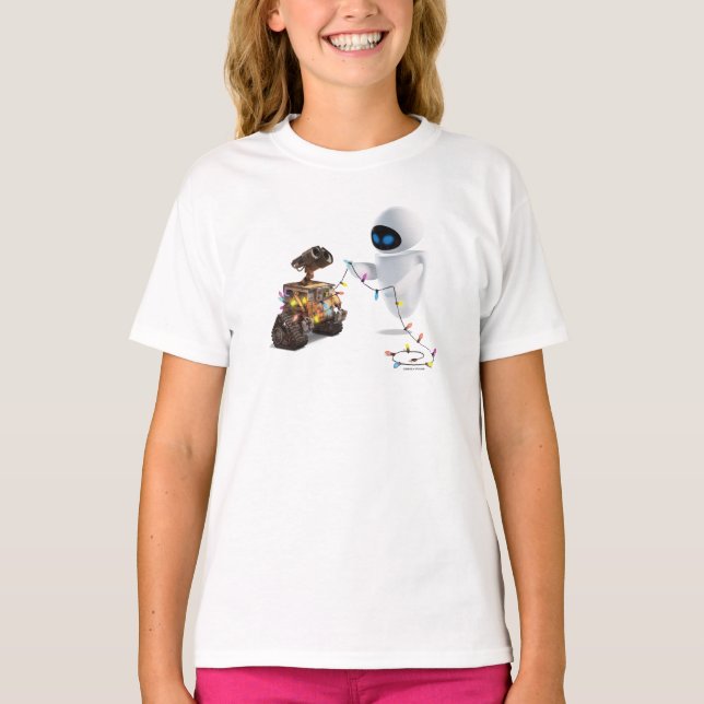 Eve and WALL-E with Christmas Lights T-Shirt (Front)