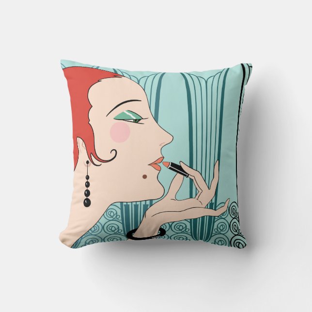 EVE, Art Deco Lady in Aqua and Teal Throw Pillow (Front)