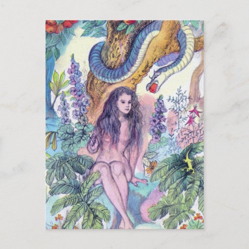 Eve Sitting in Gargen of Eden With snake Postcard