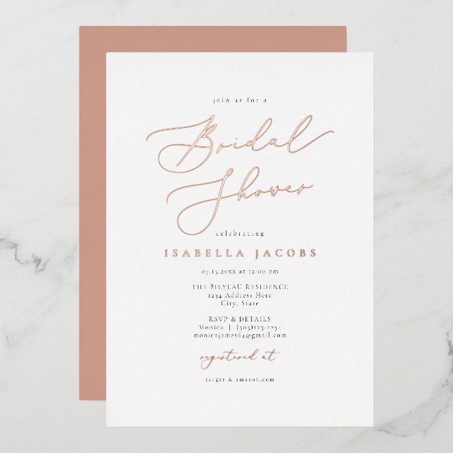 EVELYN Elegant Script Rose Gold Foil Bridal Shower Foil Invitation (Front/Back)