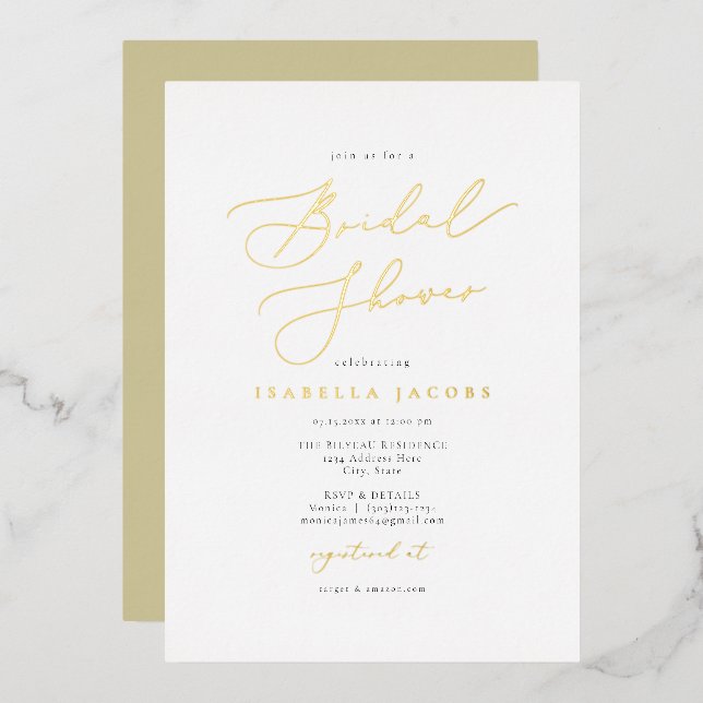 EVELYN Elegant Script Simple Gold Bridal Shower Foil Invitation (Front/Back)