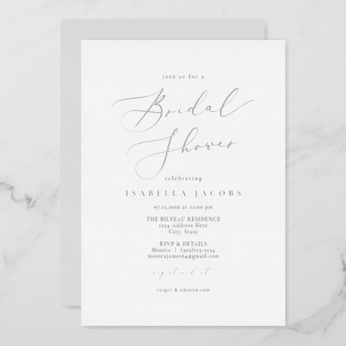 EVELYN Elegant Script Simple Silver Bridal Shower  Foil Invitation