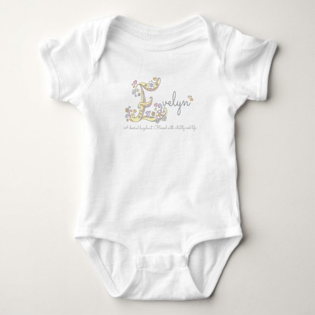 Evelyn girls name meaning E monogram hearts Baby Bodysuit (Front)