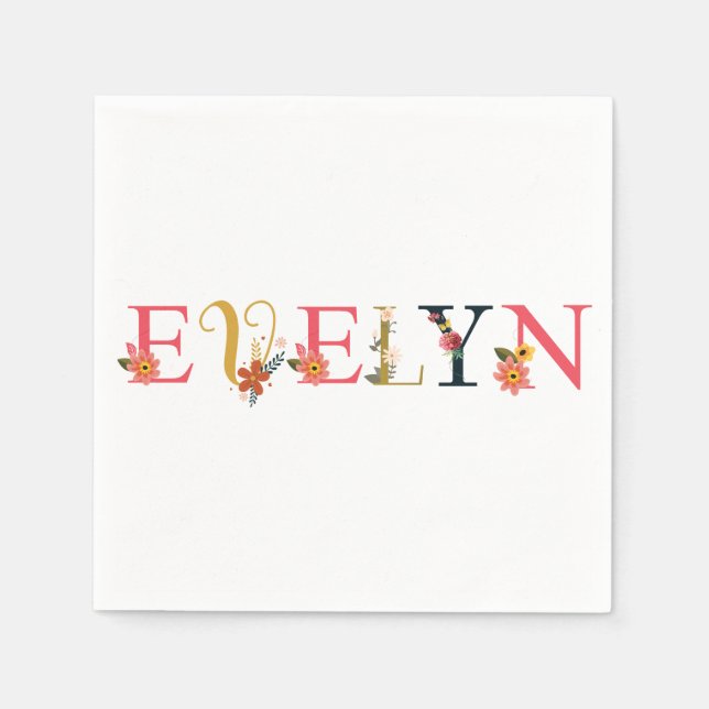 EVELYN Name Art With Flowers Embroidered Napkins (Front)