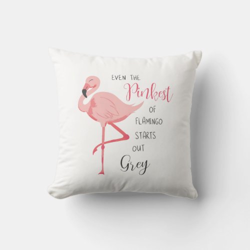 Even The Pinkest Flamingo Starts Out Grey Pillow