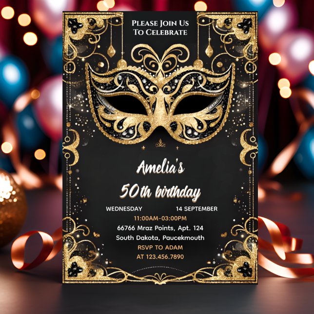 Even Tutu Black Gold Chic Masquerade 50th Birthday Invitation (Creator Uploaded)