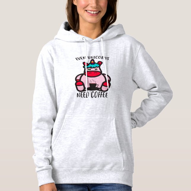 Even Unicorns Need Coffee Funny Pink Unicorn Hoodie (Front)