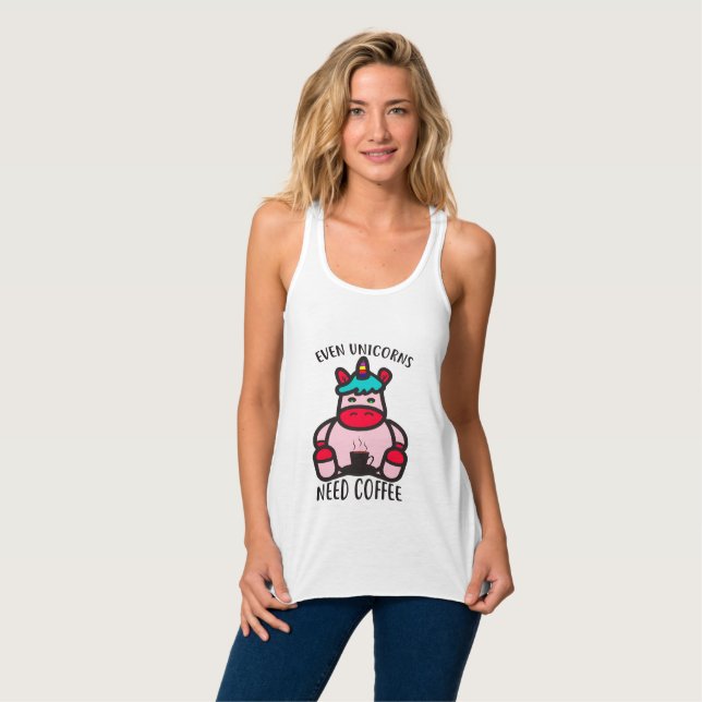 Even Unicorns Need Coffee Funny Pink Unicorn Tank Top (Front Full)