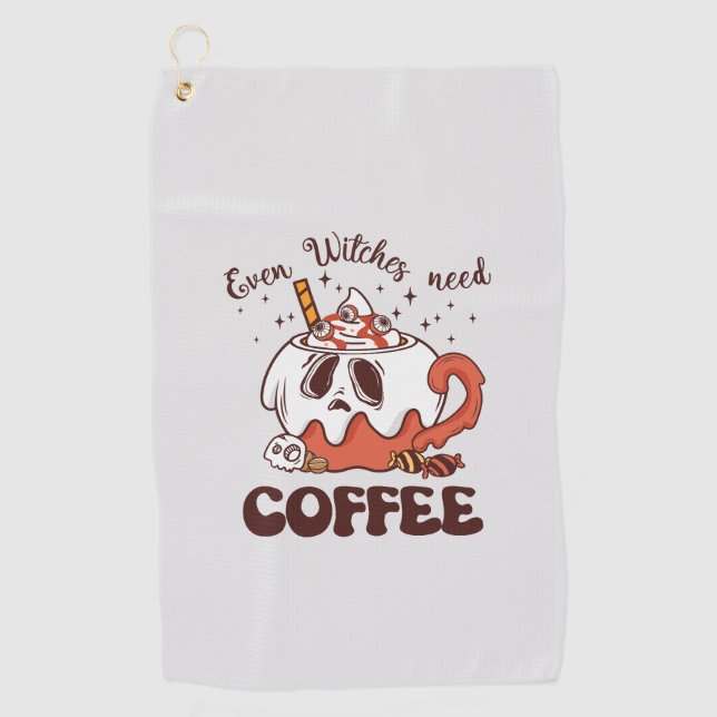 Even Witches Need Coffee – Cute Ghost Golf Towel (Front)