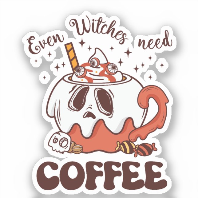 Even Witches Need Coffee – Cute Ghost Sticker (Front)