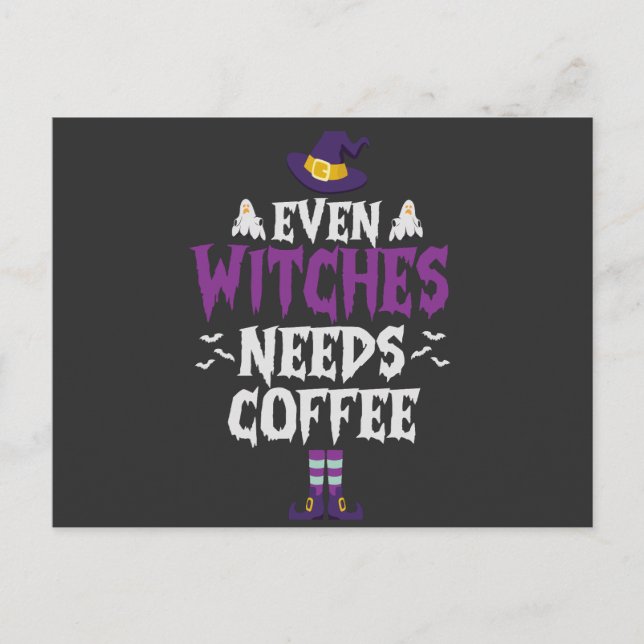 Even Witches Needs Coffee Funny Spooky Halloween  Invitation Postcard (Front)