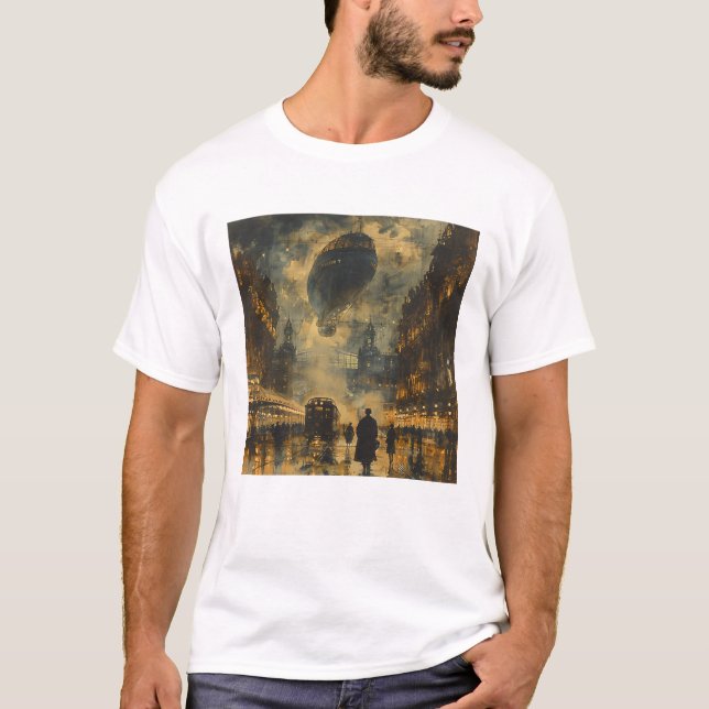 Evening Arrival – A Steampunk Street Scene T-Shirt (Front)