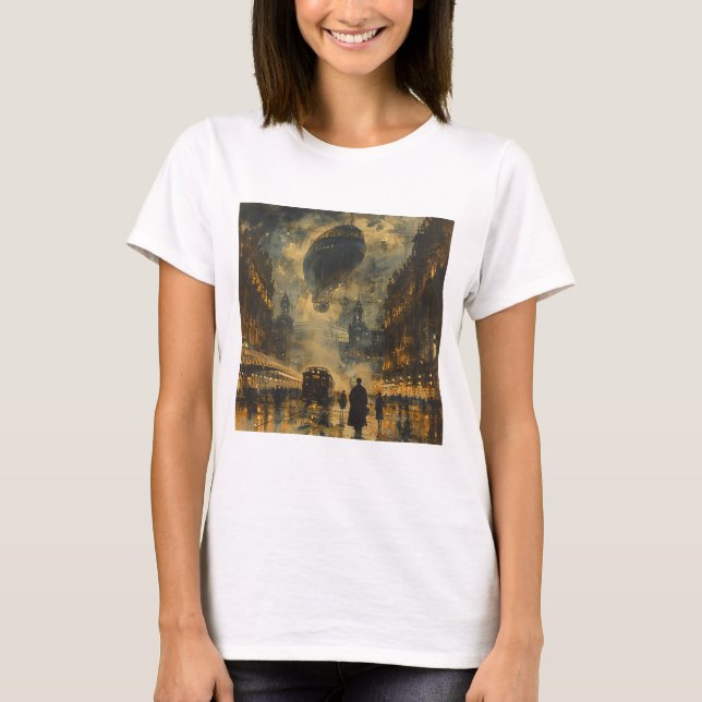 Evening Arrival – A Steampunk Street Scene T-Shirt (Front)