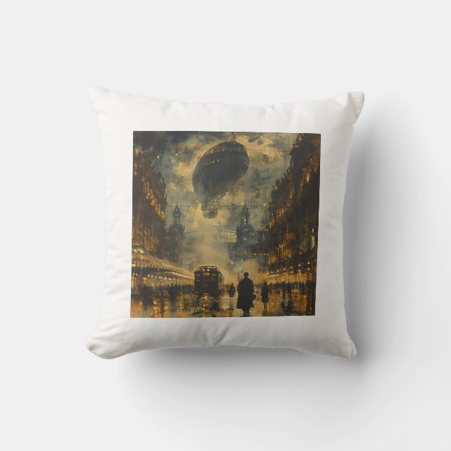 Evening Arrival – A Steampunk Street Scene Throw Pillow (Front)