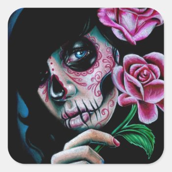 Evening Bloom Day Of The Dead Sugar Skull Girl Square Sticker by NeverDieArt at Zazzle