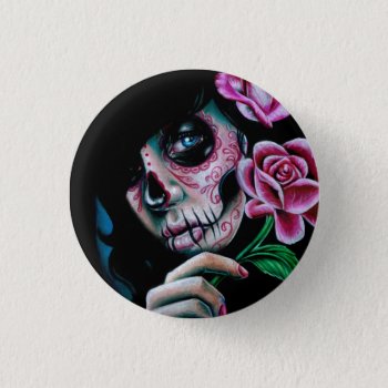 Evening Bloom Sugar Skull Girl Button by NeverDieArt at Zazzle