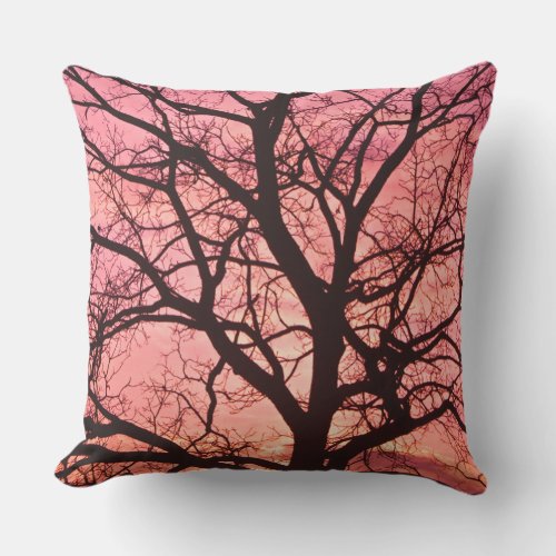 Evening Blush Tree Silhouette Throw Pillow