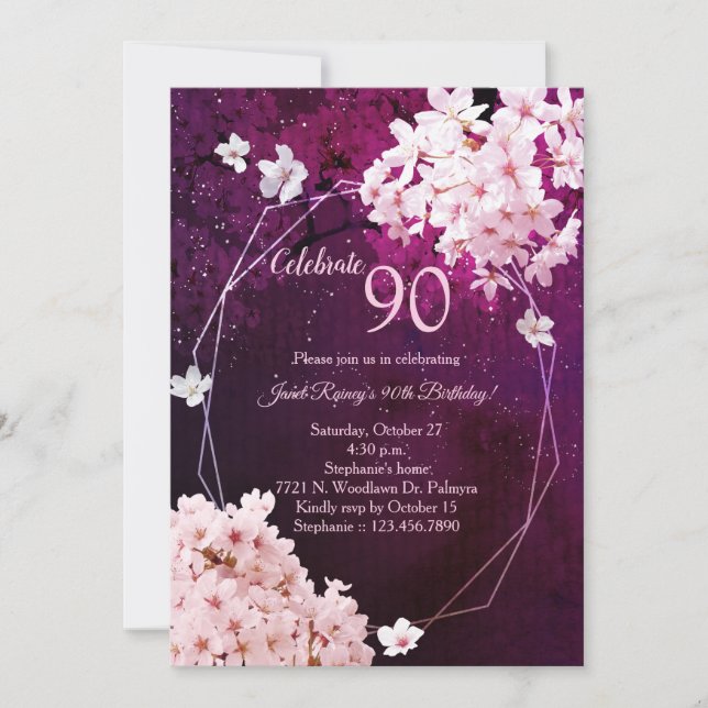 Evening Cherry Blossom 90th Birthday Invitation (Front)